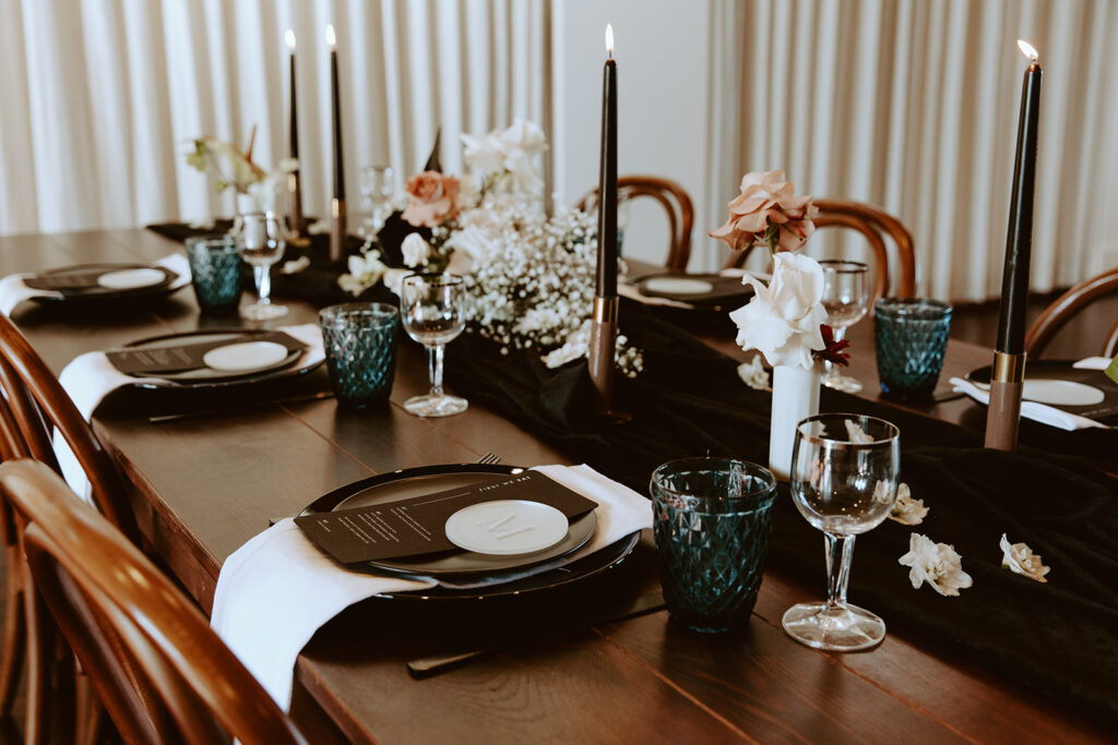 Reception table styling for a wedding at MacKenzie Quarters